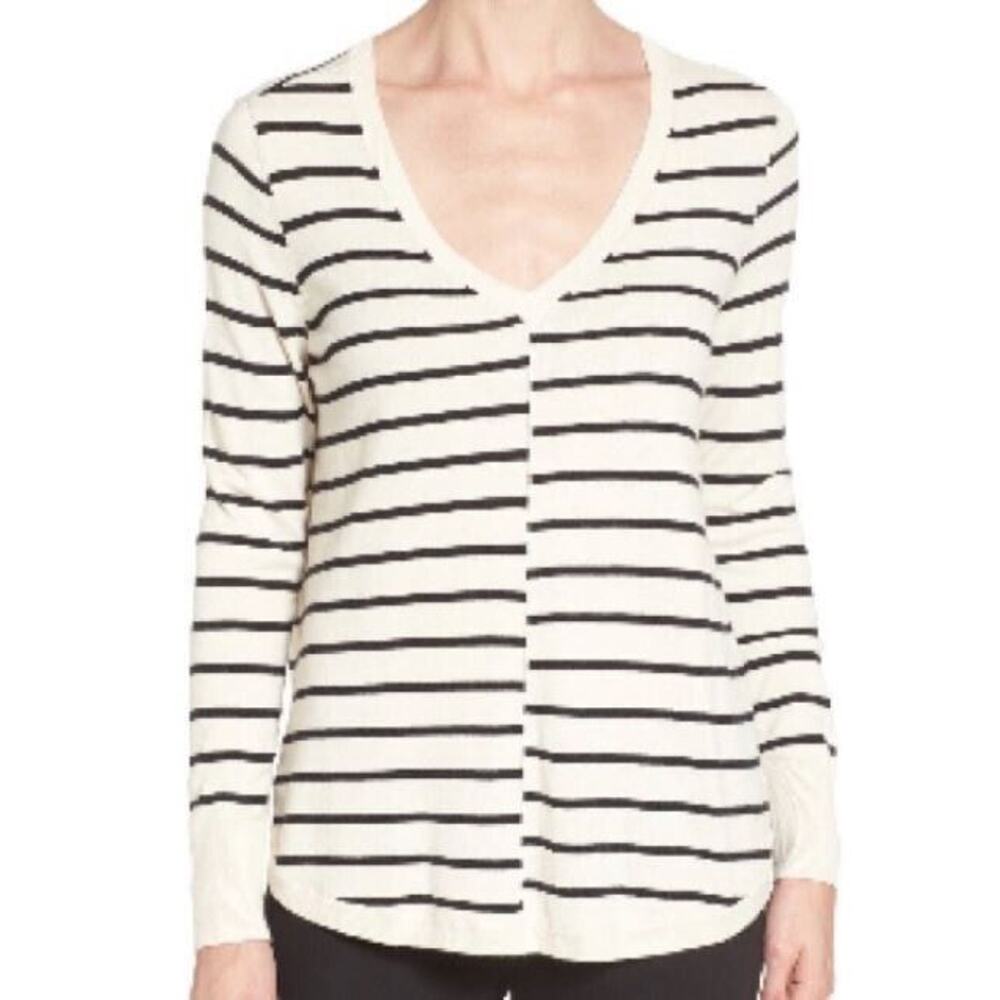 Caslon Women's High-Low V-Neck Sweater in Ivory Black Stripe Medium‎ MSRP $59
